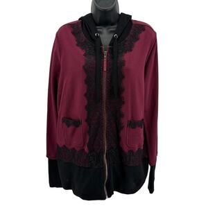Evy's Tree Hoodie WMNS L The Jacquelin Maroon Black Zip Up Lace Trim Long Sleeve